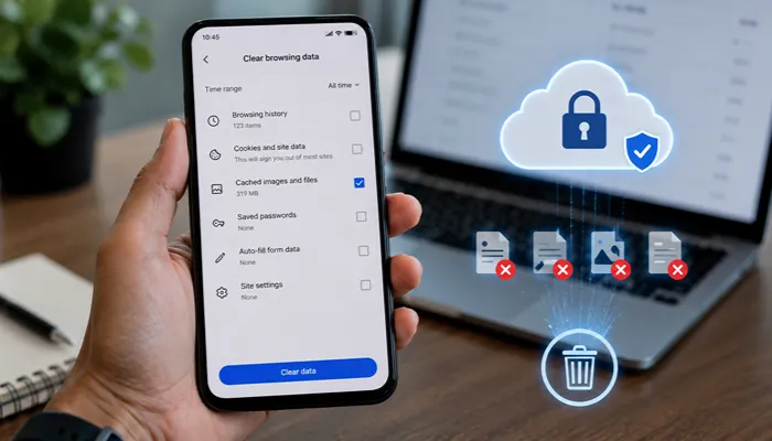Clear Cache Without Deleting Fairplay Account Smartphone browser settings showing cache clearing while account data remains securely stored online.