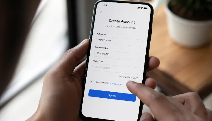 Person holding a smartphone showing a clean registration screen with name, phone number, and OTP verification fields