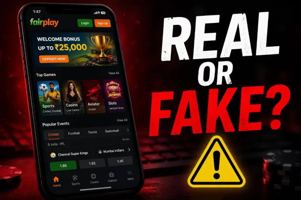 Fairplay Real or Fake Full Honest Review 2026 Fairplay real or fake honest review with warning sign and app interface