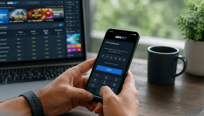 User logging into 4rabet account on smartphone with OTP verification