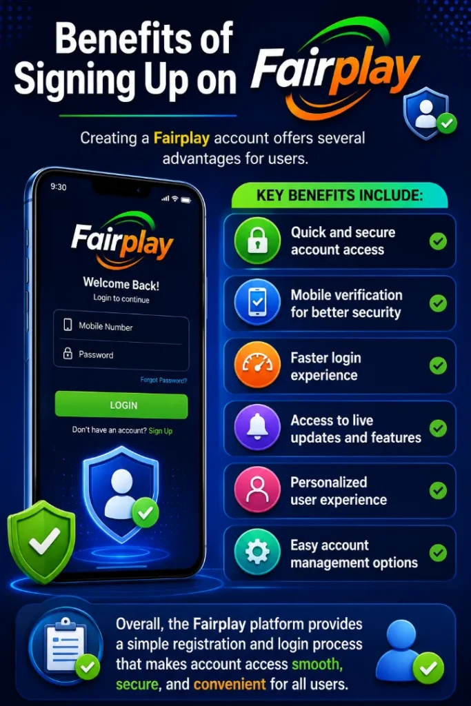 Benefits of signing up on Fairplay with secure login, mobile verification, faster access, live updates, and easy account management features.