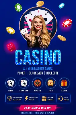 Attractive casino-themed promotional poster featuring a smiling woman holding playing cards with roulette wheel background, glowing casino text, poker chips, dice, and live gaming icons.