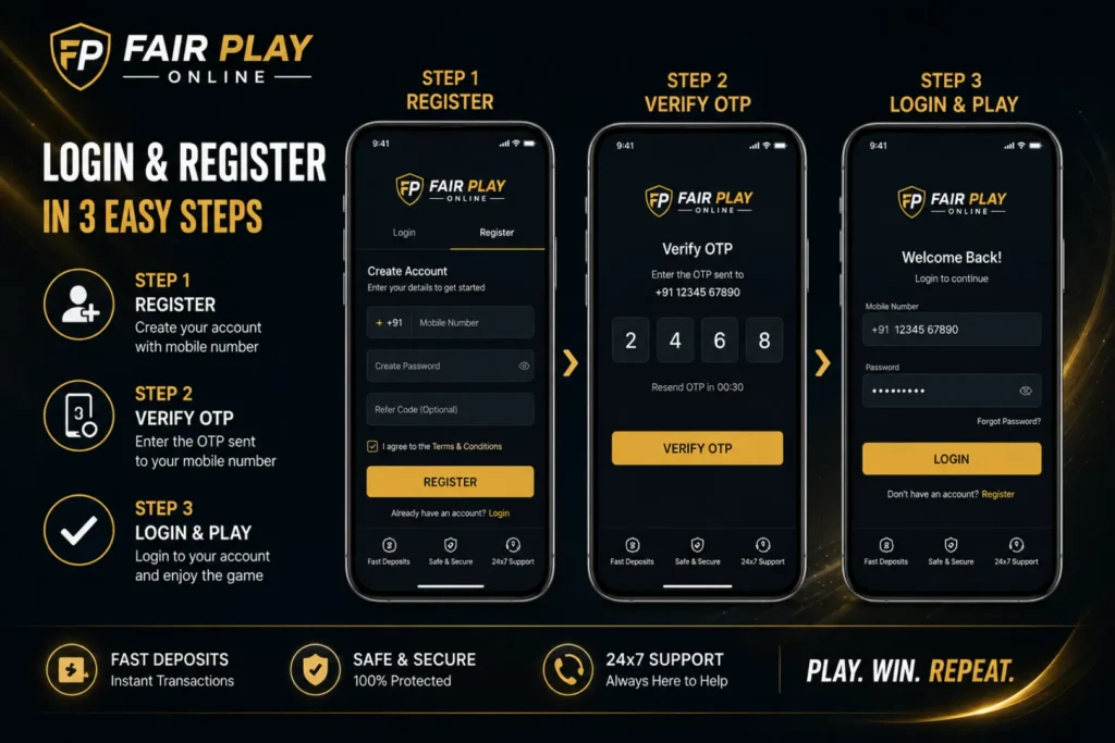 Fair Play Online app login and registration process on mobile device