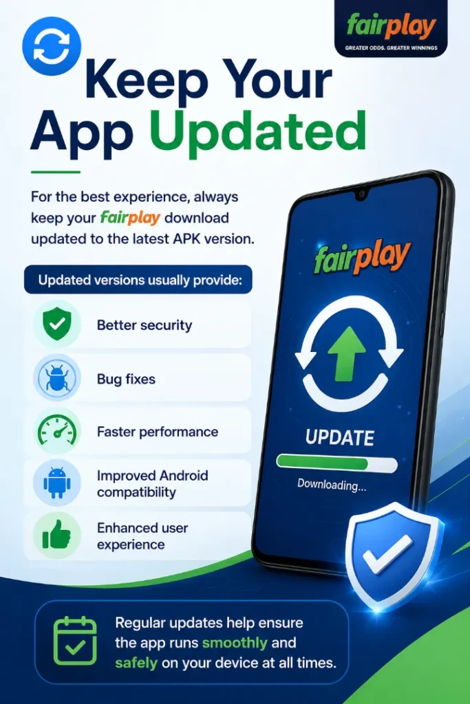 Fairplay app update infographic showing APK update benefits like better security, bug fixes, faster performance, improved Android compatibility, and enhanced user experience.