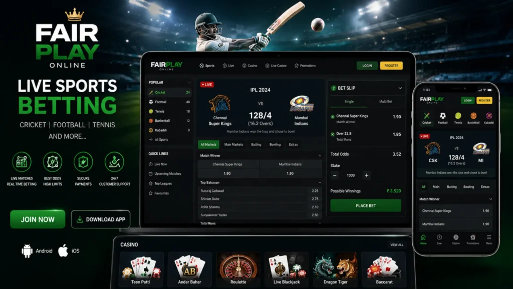 Fair Play Online betting platform with live sports betting and casino gaming interface