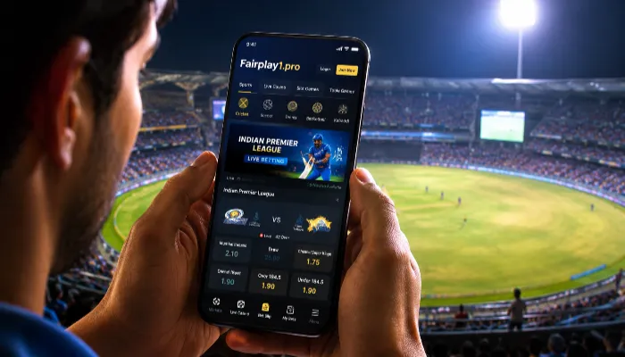 Fairplay1.pro betting site showing live IPL cricket betting on mobile phone