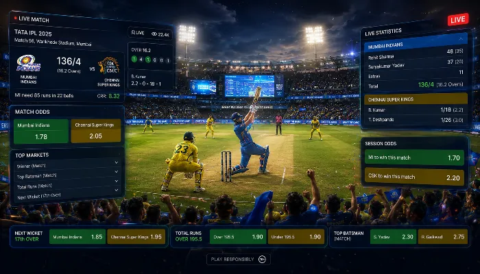Person using mobile app for live IPL cricket betting