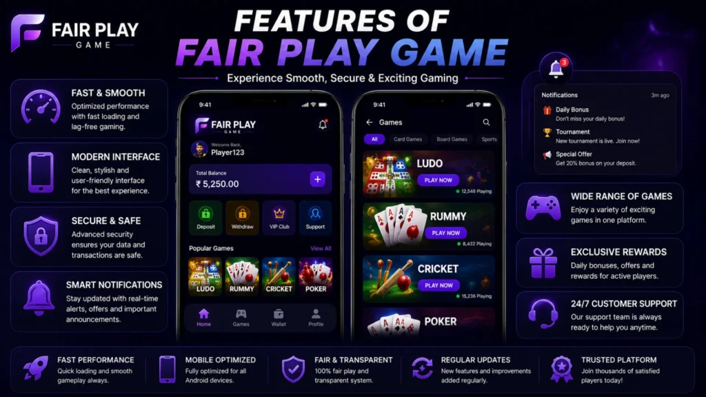Features and user interface of Fair Play Game mobile app