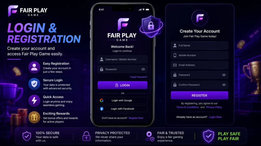 Fair Play Game login and registration process on mobile