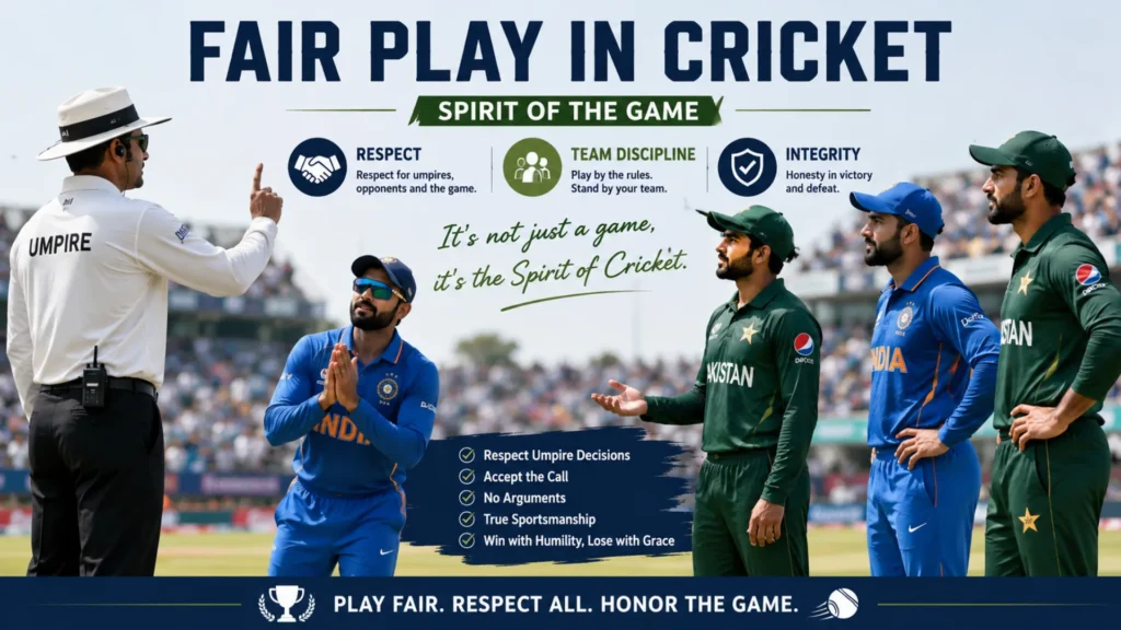 Fair play in cricket showing players respecting umpire decisions
