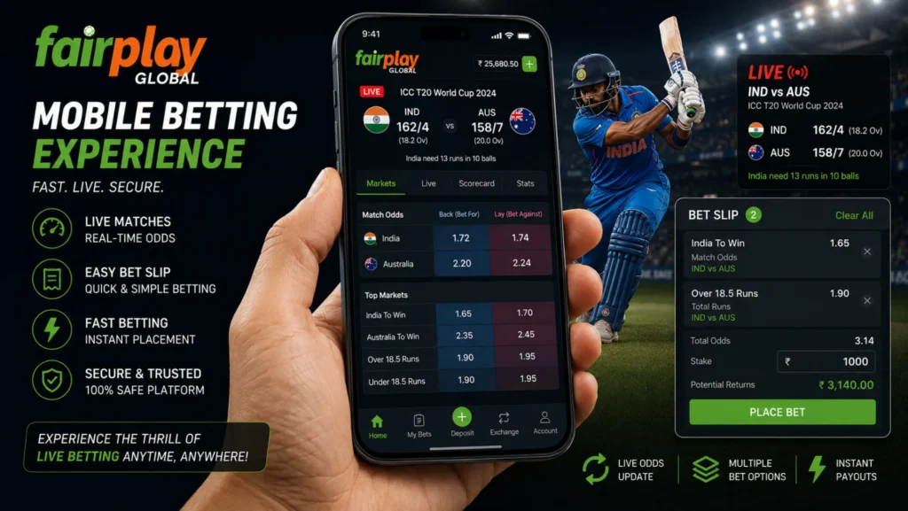Fairplay 365 App displaying live cricket betting and sports exchange markets