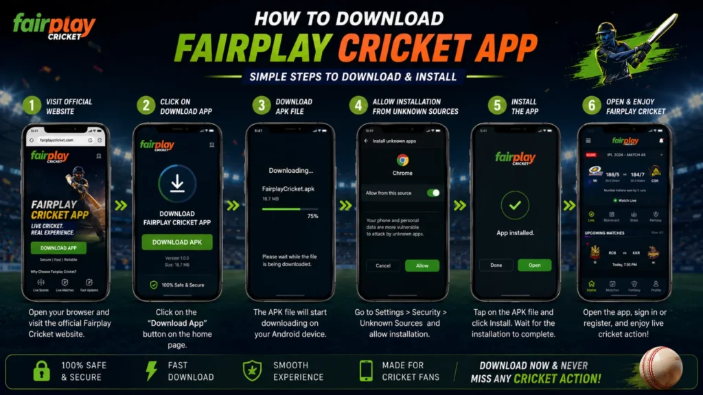 Fairplay Cricket app download process on Android smartphone