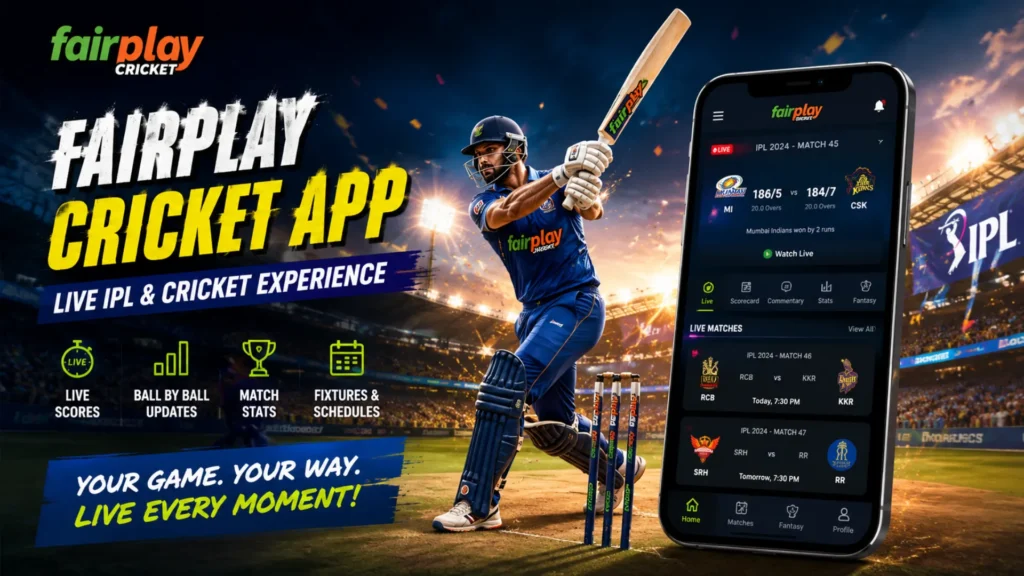 Fairplay Cricket live IPL app interface showing real time cricket updates