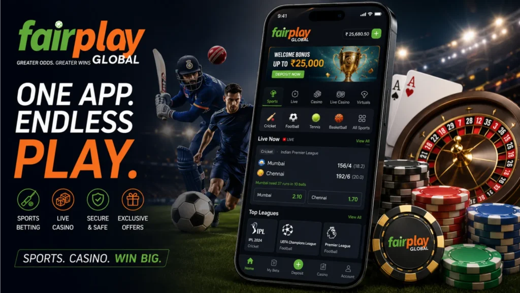 Fairplay Global App dashboard showing live sports betting and casino interface on smartphone
