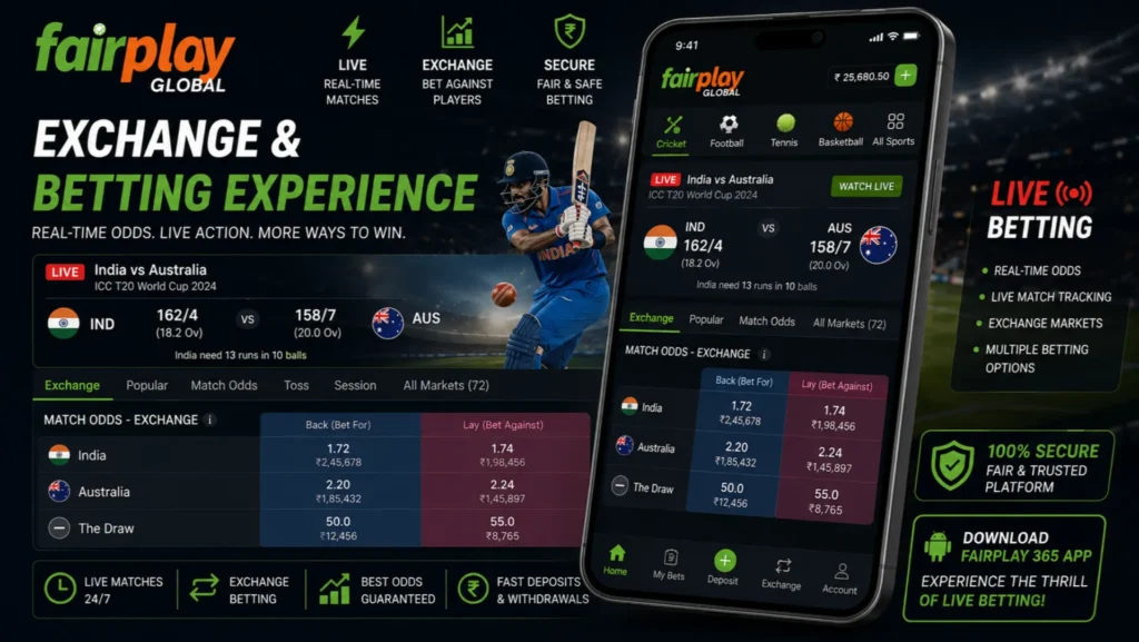 Fairplay Global Exchange live betting dashboard with real-time sports odds