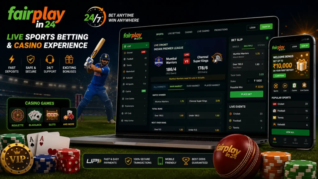 Fairplay In 24 live sports betting and casino platform dashboard