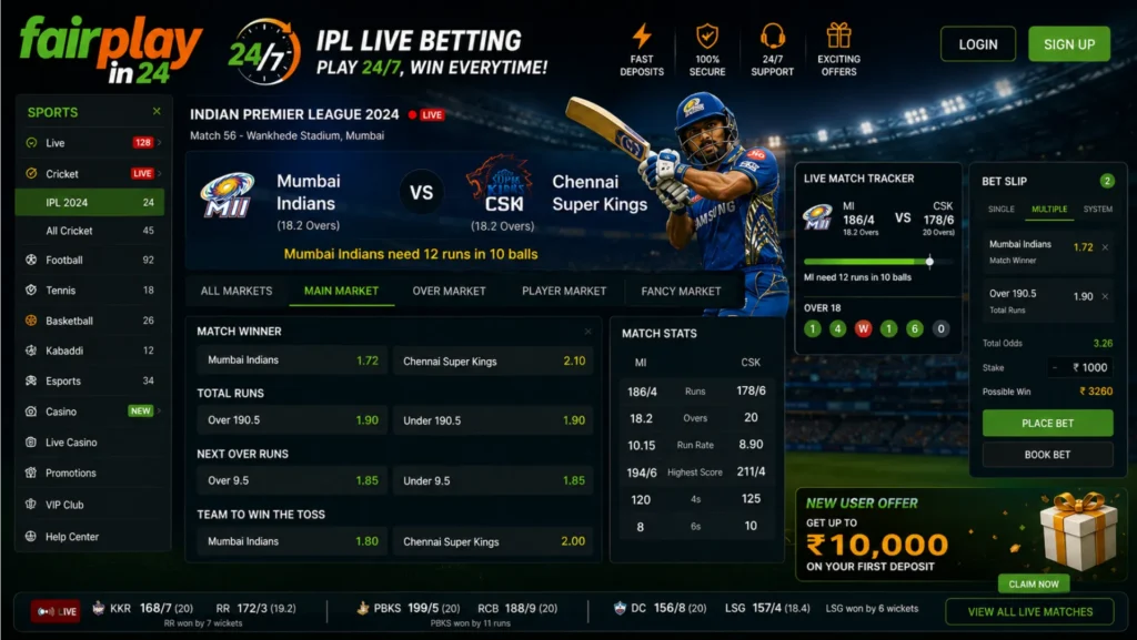Fairplay In 24 live IPL cricket betting interface