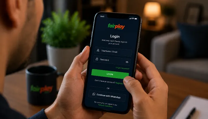 User signing into mobile account on smartphone with realistic login screen in cozy home environment
