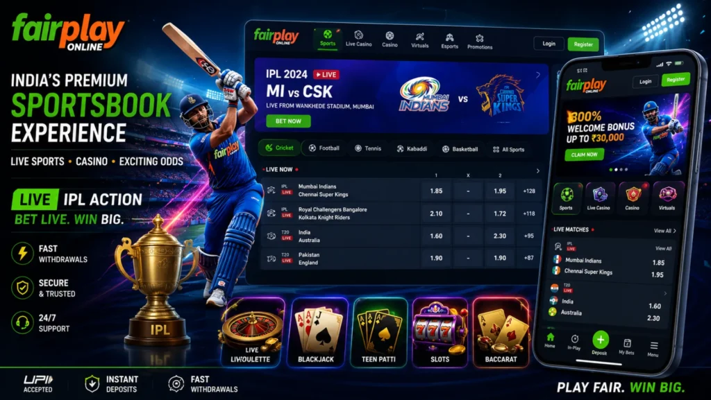 Fairplay Online betting dashboard with live cricket betting and casino games