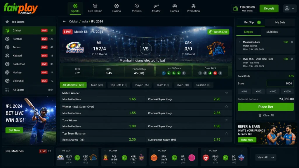 Fairplay Online live IPL cricket betting interface with real-time odds