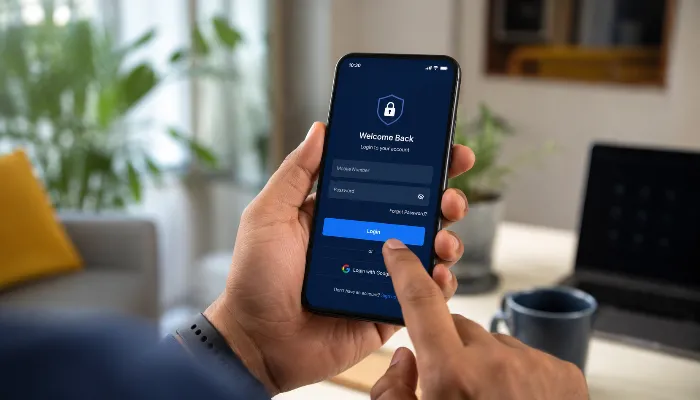 Person logging into online account on smartphone with secure mobile login interface at home.