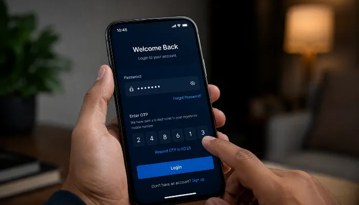 User entering password and OTP code on smartphone login screen for secure account access.
