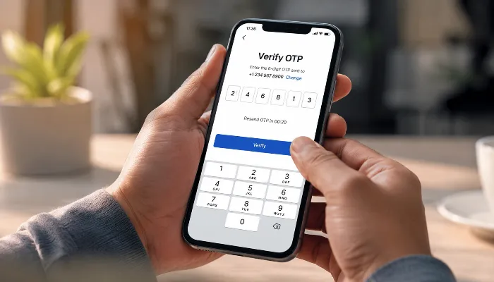 Close-up of user entering OTP verification code on smartphone during mobile signup process