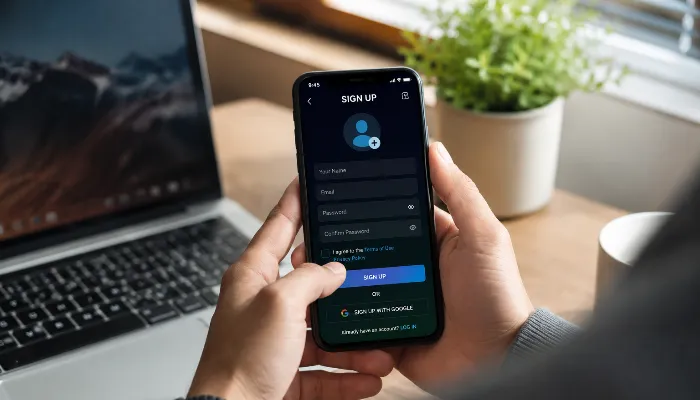 Person creating a new online account on smartphone with signup form visible on screen in a modern workspace