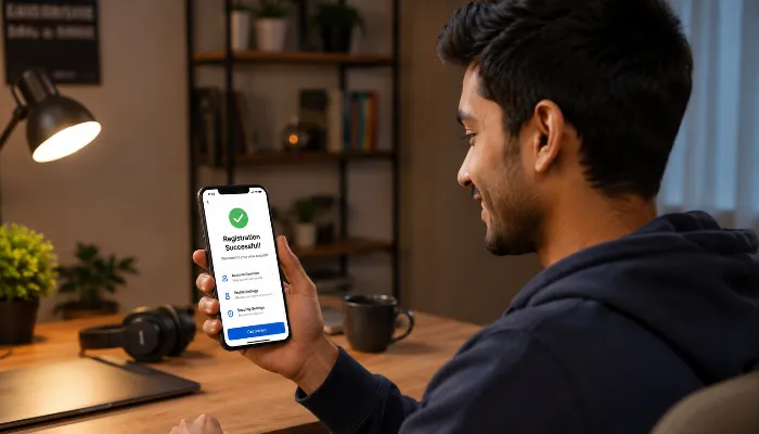 Young adult successfully completing online account registration on smartphone at desk