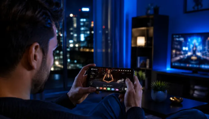 Man using smartphone to access live casino games with live dealer stream at night