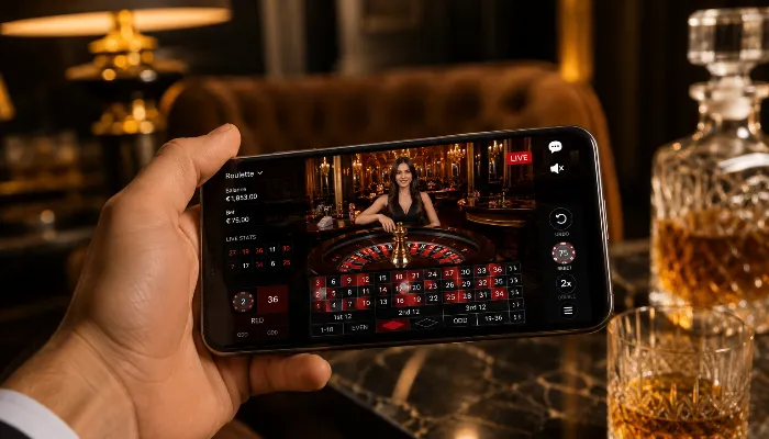 Luxury live roulette game with professional dealer displayed on smartphone screen