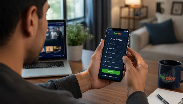 Person registering a new account on smartphone using Fairplay1.pro registration page
