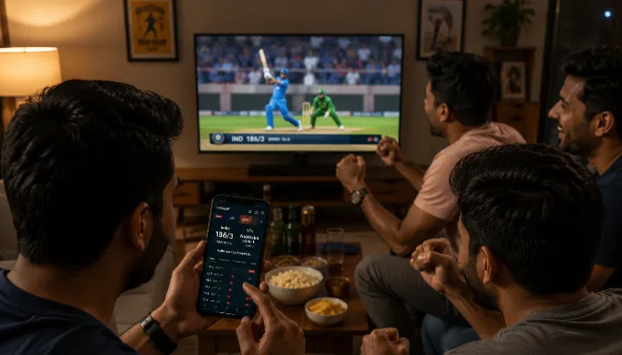 Friends watching cricket match and checking sports updates on smartphone