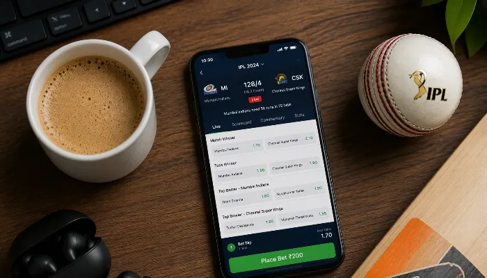 Smartphone showing cricket match updates beside cricket bat on desk