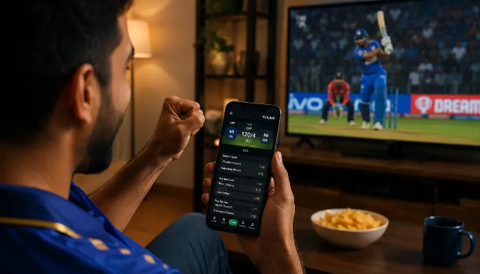 Cricket fan using smartphone for live IPL betting at home