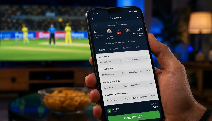 Smartphone showing IPL live scores and betting interface during cricket match