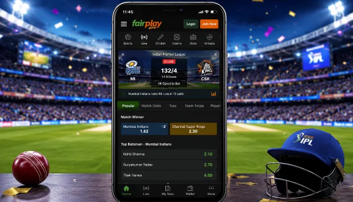 Live IPL cricket betting app interface on smartphone screen