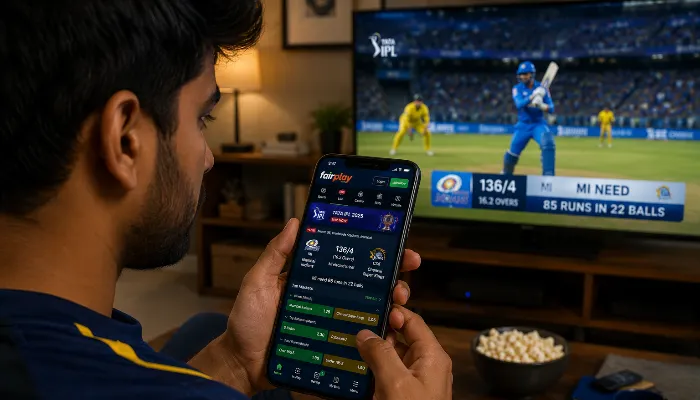 Live Cricket Betting Odds During Match Live cricket match with betting odds and statistics overlay