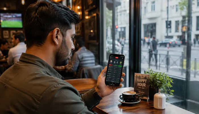 Person using a mobile sports app while sitting in a café and checking live match updates