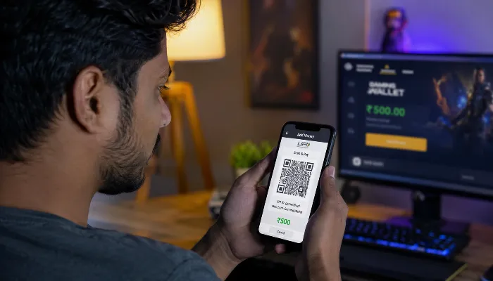 User making a secure UPI deposit on Playinmatch using smartphone