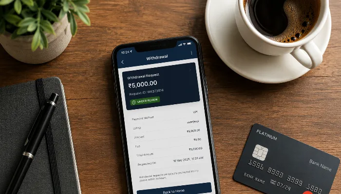 Smartphone showing Playinmatch withdrawal request status on desk