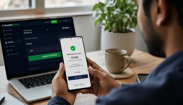 User withdrawing money from Playinmatch account using UPI on smartphone