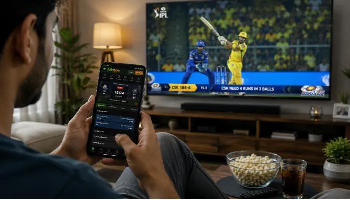 Person using smartphone sports app while watching live cricket match at home