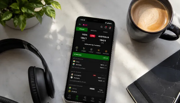 Smartphone displaying sports app interface on office desk with coffee and headphones