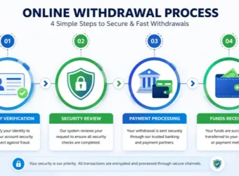 Infographic showing identity verification, security checks, payment processing, and successful online withdrawal completion.